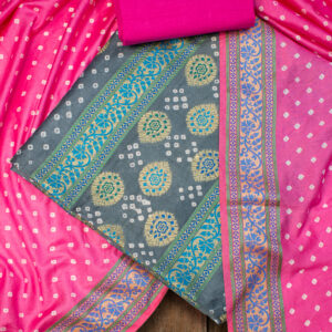 Regal Charm: Exquisite 3-Piece Cotton Silk Chanderi Zari Bandhej Suit Set